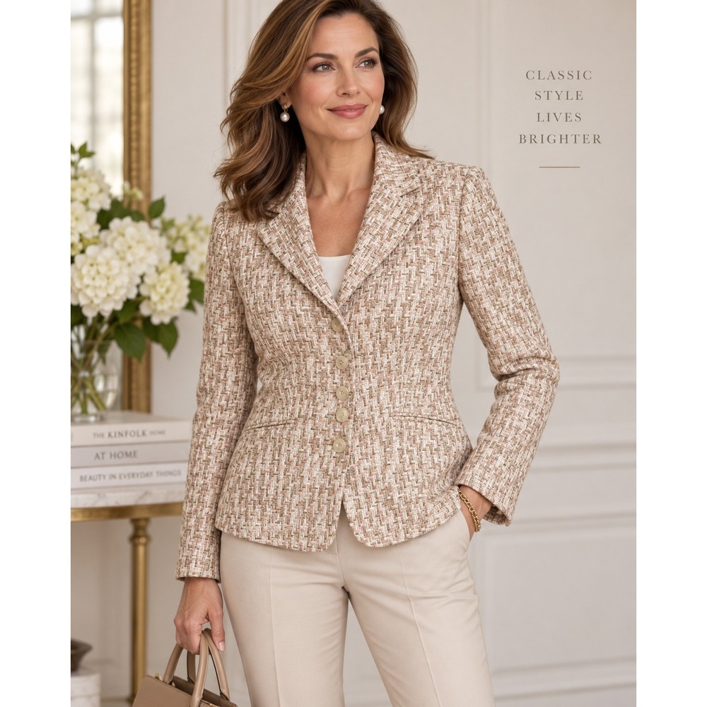 Talbots Blazer Womens 4P Tan Pink Textured Button Front Career Classic Office